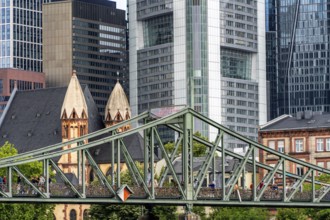 The Iron Bridge with the skyscrapers of Frankfurt's banking district, Frankfurt am Main, Hesse,