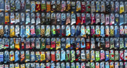 Window decoration with colorful socks, Potsdam, Brandenburg, Germany