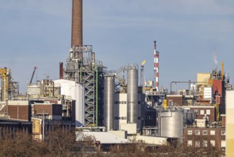 BASF factory site with chemical plants and chimneys. Baden aniline and soda factories. Chemical