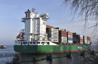 Container ship ELBINSEL leaves Kiel-Holtenau lock and sails to Kiel Fjord, Schleswig-Holstein,