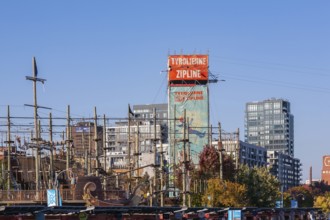 The Montreal Old Port Zipline ride installation, Old Port of Montreal, Quebec, Canada