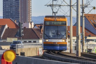 Tram on the Kurt Schumacher Bridge, which connects Mannheim and Ludwigshafen across the Rhine. The