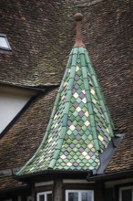 Spitzer Tower with green, glazed roof tiles, Protestant Seminary, Blaubeuren, Swabian Jura,