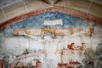 Faded medieval fresco, Christ on the Cross, Cloister, Blaubeuren Abbey, Swabian Jura,
