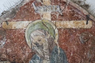 Faded medieval fresco, weeping Mary, cloister, Blaubeuren Abbey, Swabian Jura, Baden-Württemberg,