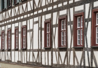 Old half-timbered house with brown-red windows, Fachwerk, Blaubeuren, Swabian Jura,