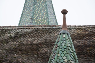 Spitzer Tower with green, glazed roof tiles, Protestant Seminary, Blaubeuren, Swabian Jura,