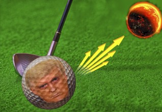 Symbolic image, gulf-obsessed USA and world king Trump flies towards Mars, endless chaos by