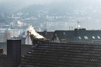 Smoke plume from a chimney over densely built residential area in the evening light, wintry city