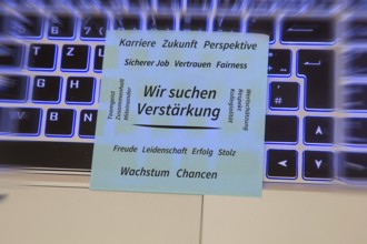 (Added) Text WE ARE LOOKING FOR REINFORCEMENT, surrounded by positive terms such as career, future,