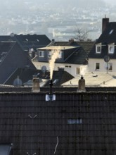Smoke plume from a chimney over densely built residential area in the evening light, wintry city