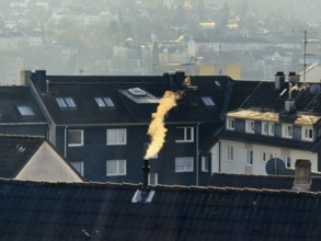 Smoke plume from a chimney over densely built residential area in the evening light, wintry city