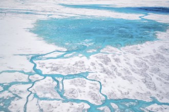 Aerial view of surface lakes (glacial/proglacial lakes) and Glacial rivers, climate change, global