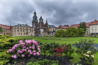 Wavelhügel with park and castle church when it rains, Krakow, Poland