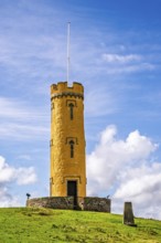Binns Tower over Scotish farms and Forth Estuary, House of the Binns, Linlithgow, Scotland, UK