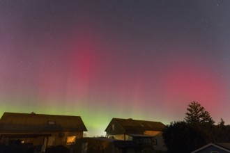Northern lights in the night sky above houses, shimmering red and green, accompanied by sparkling