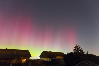 Intense red and green aurora glowing above the houses in the evening sky, aurora borealis, Ilsede,