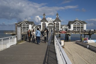 Restaurant on the pier, people on the pier, view from the jetty, Sellin, Baltic resort, Rügen