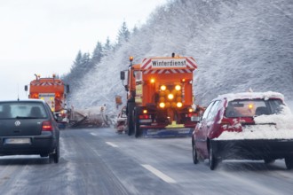 Winter maintenance, snowplow, spreader on snowy highway, Upper Bavaria, Germany