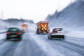 Winter maintenance, snowplow, spreader on snowy highway, speed, Upper Bavaria, Germany