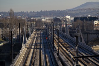 Construction site new Neckar bridge built as part of the Stuttgart 21 S21 project between Stuttgart