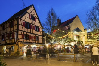 Christmas market, blue hour, Eguisheim, Haut-Rhin, Grand Est Region, Alsace, France