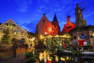Houses illuminated and decorated for Christmas, Christmas market, blue hour, Eguisheim, Haut-Rhin