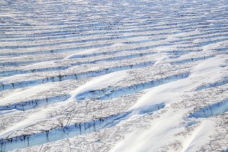 Aerial view of Ice sheet in Greenland, Arctic landscape, frozen wilderness, glaciers and