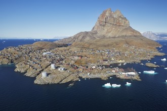 Aerial view of the village of Uummannaq, located on Uummannaq Island in the Uummannaq Fjord,