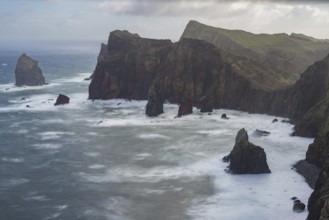 Long exposure of rock formations in the Atlantic Ocean, volcanic peninsula, Ponta de São Lourenço,