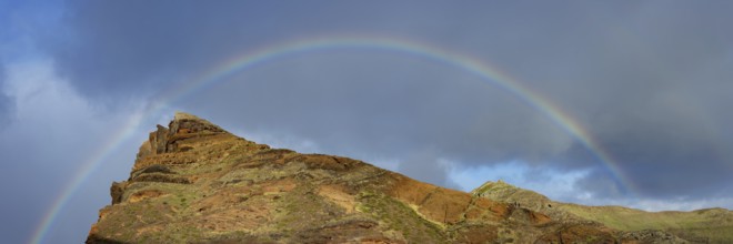Rainbow over the volcanic peninsula, Ponta de São Lourenço, Ponta de Sao Lourenco, rocky coast,