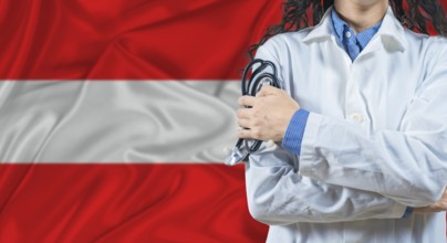 Healthcare professional with Austria flag background. Professional doctor holding stethoscope on