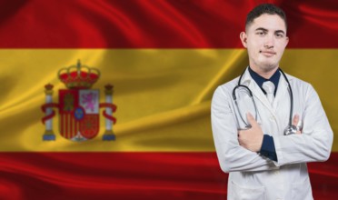 Portrait of medical professional on Spain flag background. Spanish national health system