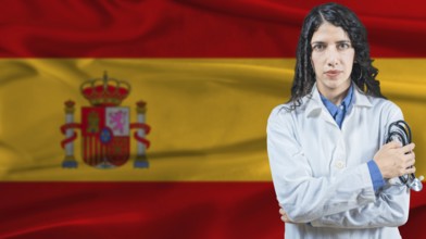 Spanish national health system, Medical professional on Spain flag background