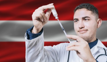 Doctor holding syringe on Austria flag background. Medical professional holding syringe with
