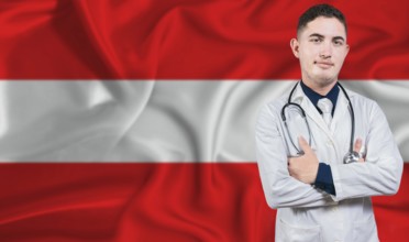Portrait of medical professional on Austria flag background. Austrian national health system