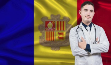 Portrait of medical professional on Andorra flag background. Andorran national health system