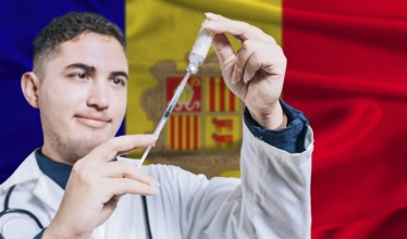 Doctor holding syringe on Andorra flag background. Medical professional holding syringe with