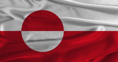 Flag of Greenland with fabric textured background. Close up of National flag of Greenland with