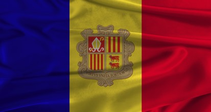 Flag of Andorra with fabric textured background. Close up of National flag of Andorra with