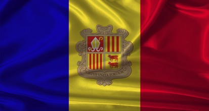 National flag of Andorra with cloth texture. Andorra flag with realistic texture background
