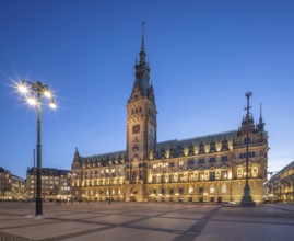 Hamburg City Hall with illuminated façade at the blue hour, Hamburg, Germany