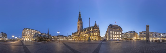 360 degree view of Rathausplatz at Blue Hour with Town Hall, Alster Arcades, Jungfernstieg,