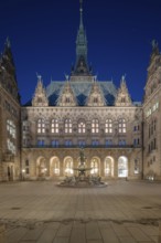Courtyard of Hamburg City Hall with Hygieia Fountain at Blue Hour, Hamburg, Germany