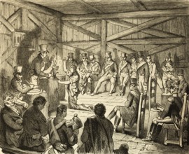 Assembly of the secret society of Carbonari or Karbonari in the assembly building, baracca, hut,