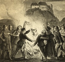 Burning of books, ribbons and braids in front of the Wartburg on October 18, 1817, Eisenach,