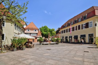 Ettlingen, Germany - August 13th 2025: Fountain at Ettlingen Schlosplatz town square on a sunny day