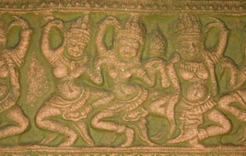 Relief of a temple, group of dancing woman, Buddha, Buddhism, religion, Ayutthaya, Thailand,
