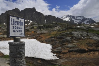 Information board at the top of the San Bernandino Pass in the canton of Grisons in Switzerland