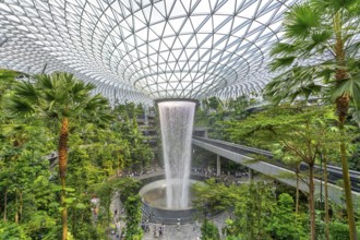 Forest Valley with Rain Vortex, world's tallest indoor waterfall at Jewel Changi Airport in the